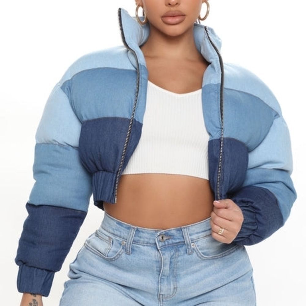 Fashion Nova Blue Combo Cropped Stay In Your Lane Puffer Jacket Size Xs